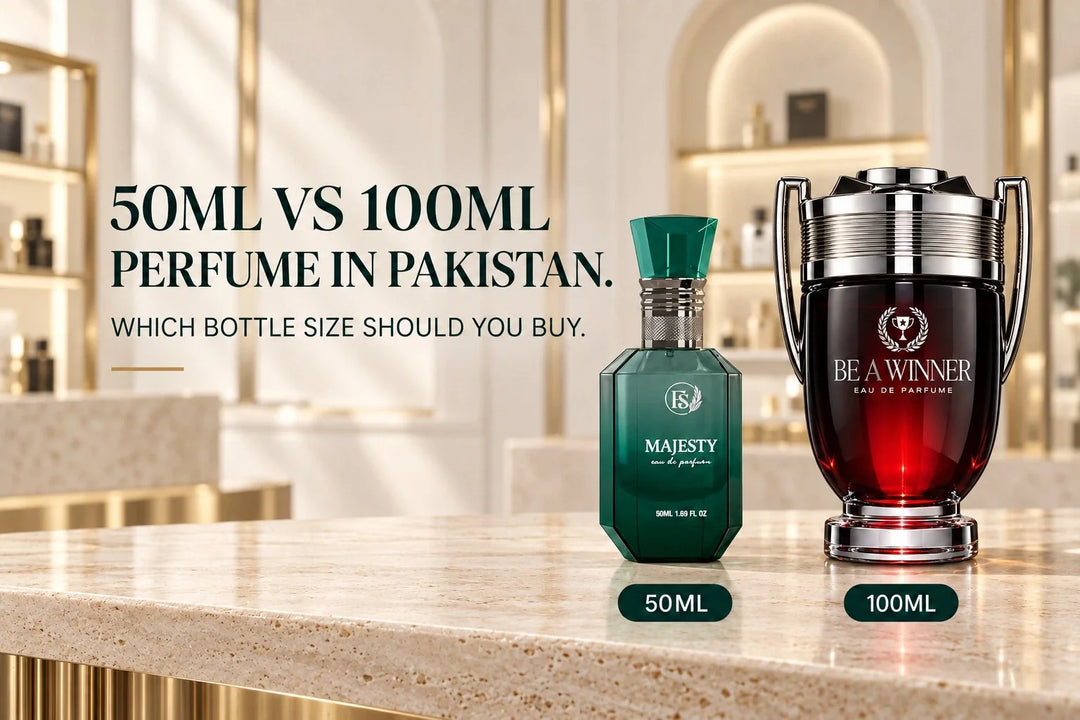 50ml vs 100ml perfume in Pakistan comparing Majesty and Be a Winner perfume bottles