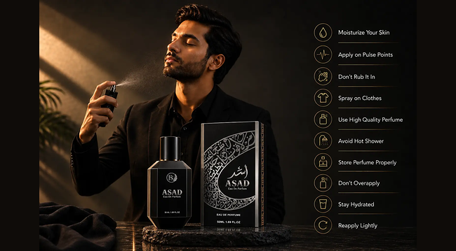 ASAD Eau de Parfum for men with fragrance bottle and perfume application tips
