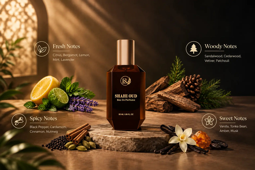 Best perfume notes explained with fresh, woody, spicy, and sweet fragrance notes featuring Shahi Oud