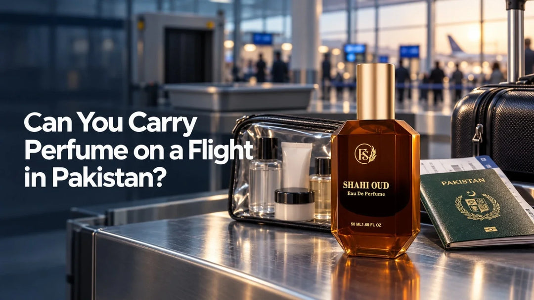 Can you carry perfume on a flight in Pakistan? Travel-friendly perfume with luggage, passport, and airport security background.