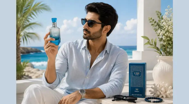 Fahaliyas Vibe for Men Eau de Parfum with a man holding the fragrance bottle by the seaside