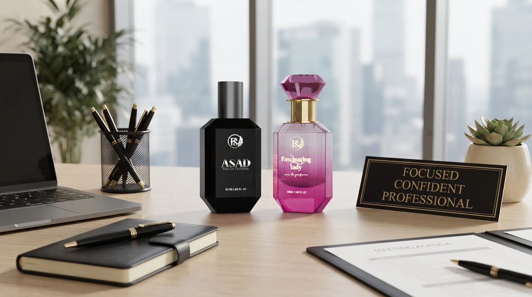 Office perfumes for men and women featuring professional fragrance bottles