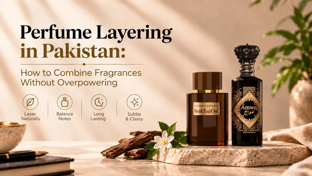 Perfume layering in Pakistan using Sheikh ul Oud and Amwaj fragrances