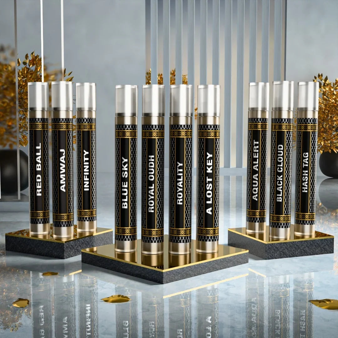 10 sample attar perfume set featuring Red Ball, Amvnaj, Infinity, Blue Sky, Royal Oudh, Royality, Al Lost Key, Aqua Alert, Black Cloud and Hash Tag by Fahaliya’s.