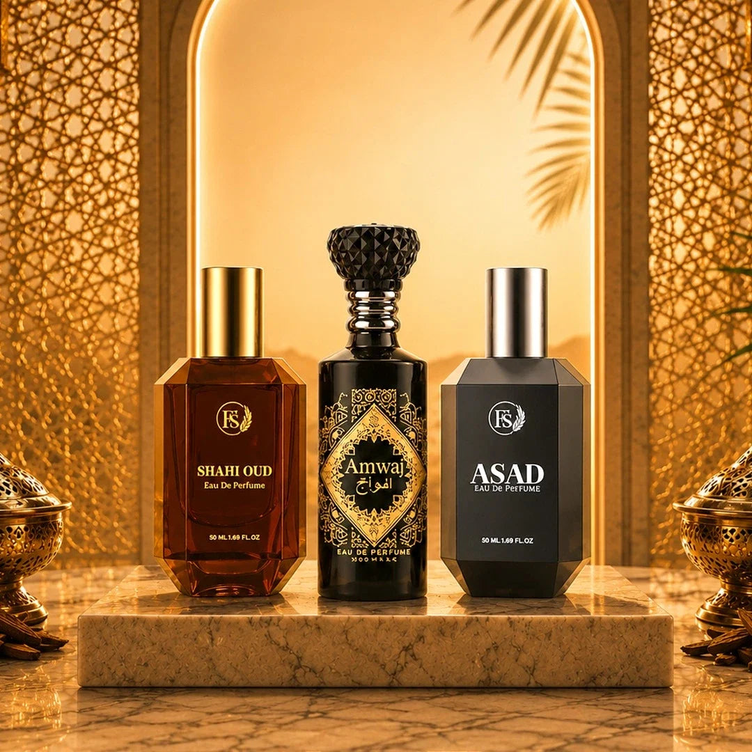 Fahaliyas Arabic perfume collection featuring Shahi Oud, Amwaj and Asad fragrances