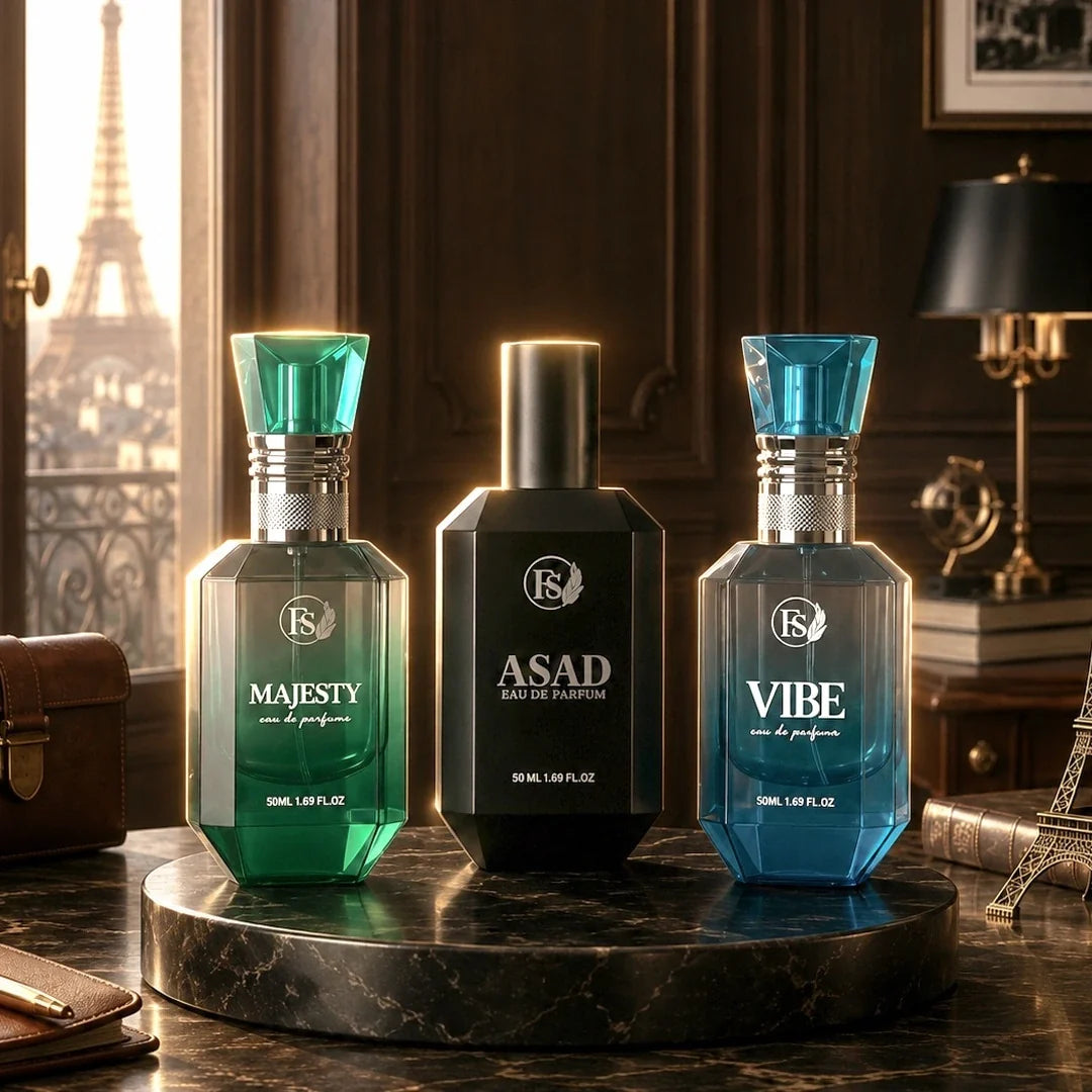 Fahaliyas French perfume collection featuring Majesty, Asad and Vibe fragrances