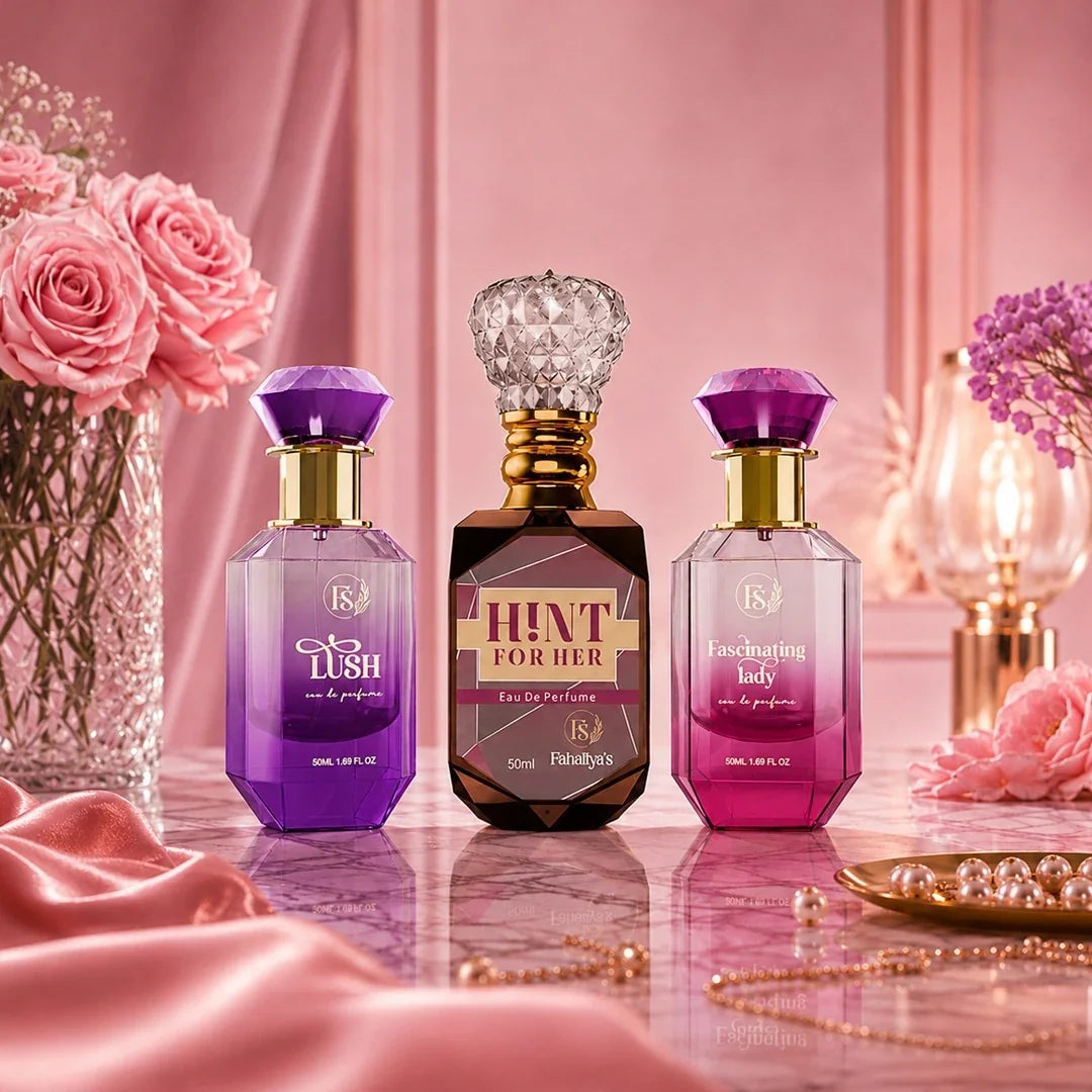 Fahaliyas women’s perfume collection featuring Lush, Hint For Her, and Fascinating Lady fragrances