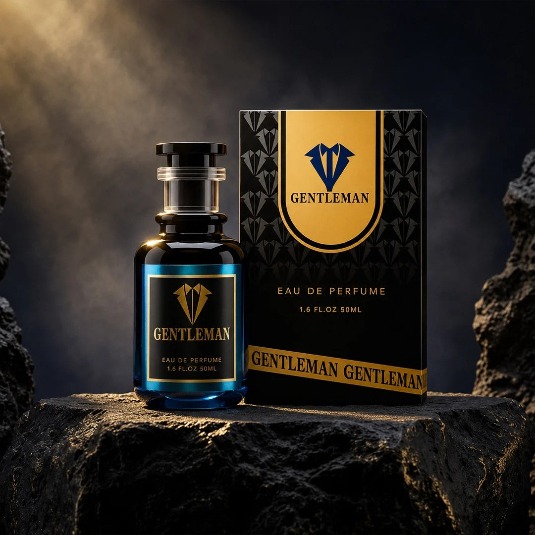 Gentleman Eau De Perfume 50ml in a dark blue glass bottle with premium black and gold packaging displayed on a stone platform.