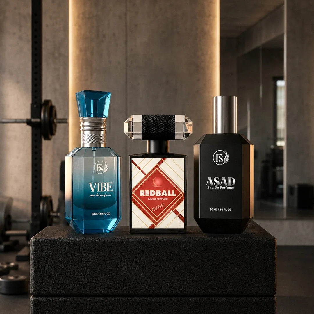 Men's perfumes featuring Vibe, Redball and Asad fragrances in a gym setting