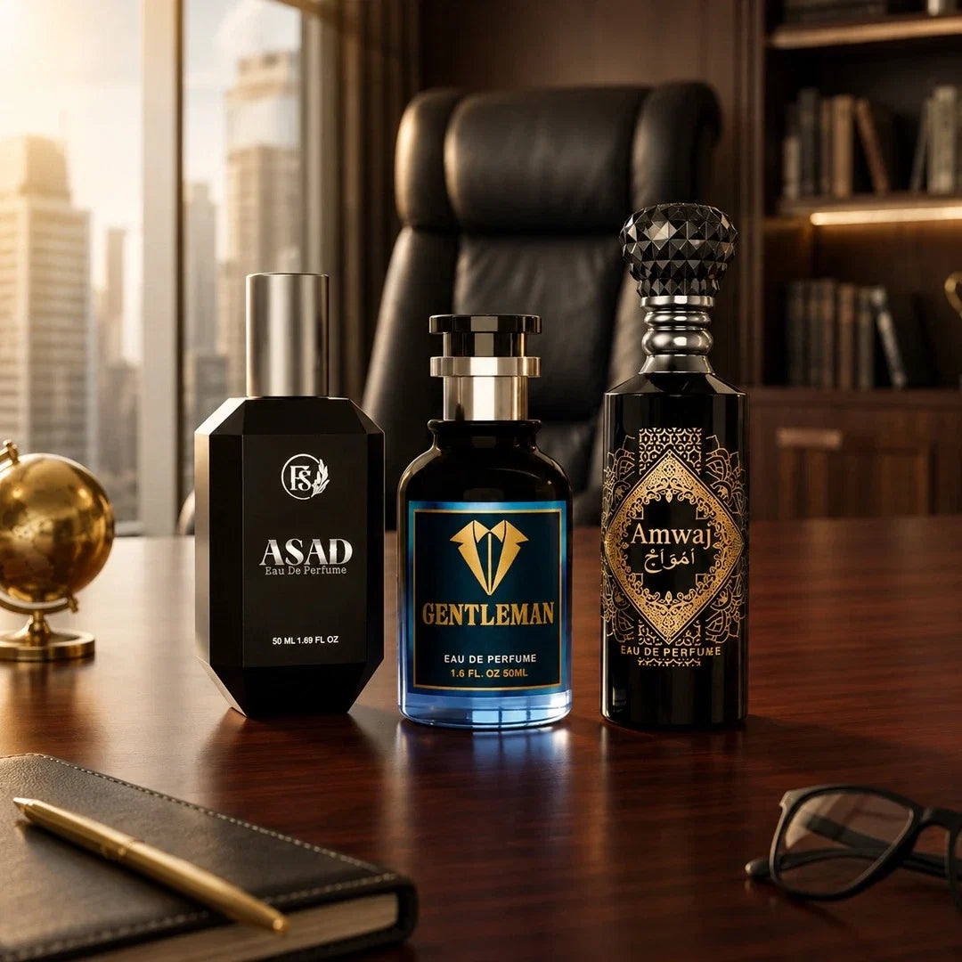 Office perfumes for men featuring Asad, Gentleman and Amwaj fragrances