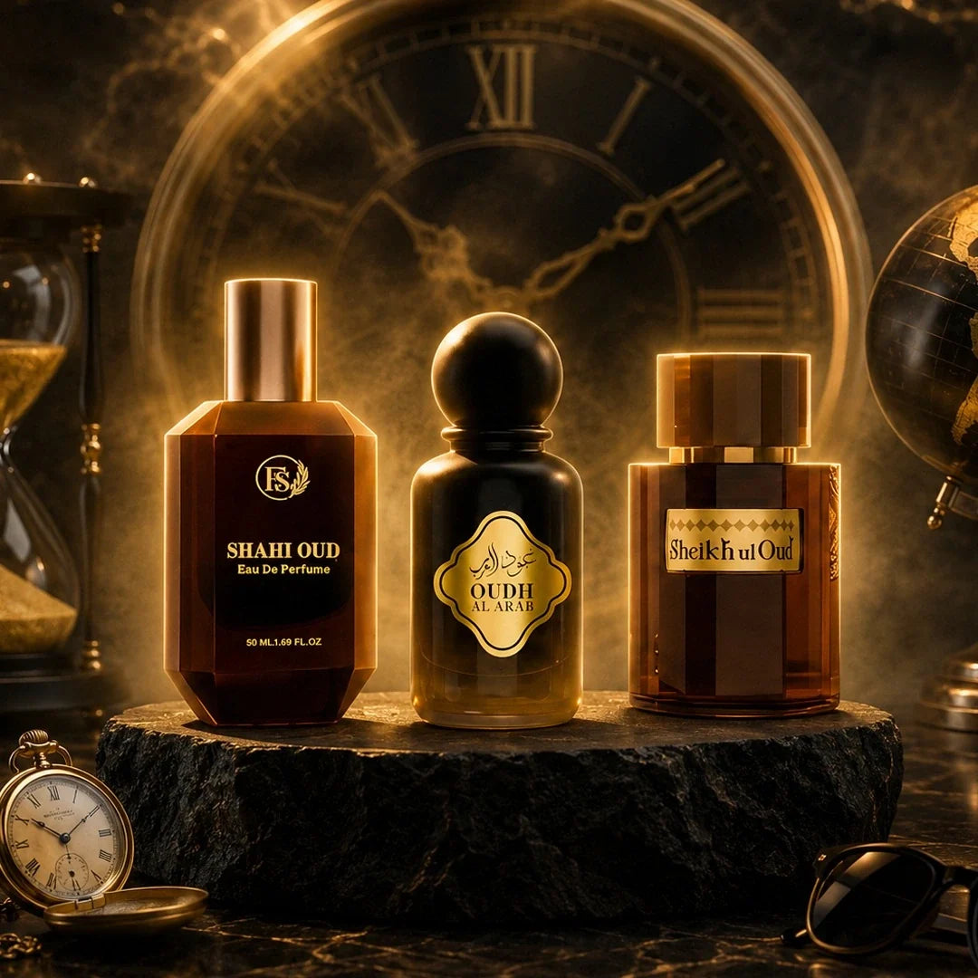 Oud perfume collection featuring Shahi Oud, Oudh Al Arab and Sheikh ul Oud fragrances