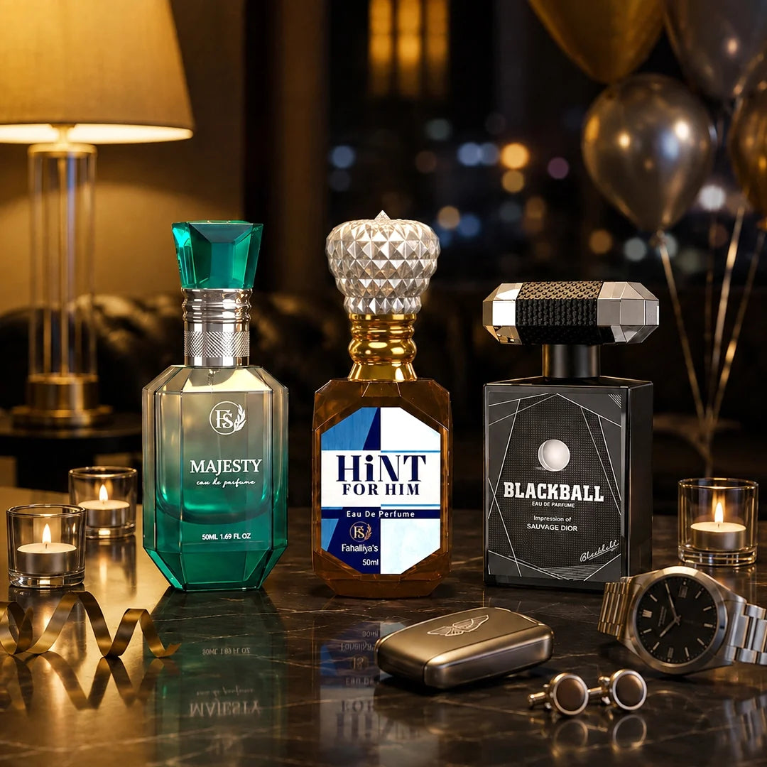 Party perfumes collection featuring Majesty, Hint For Him and Blackball fragrances 