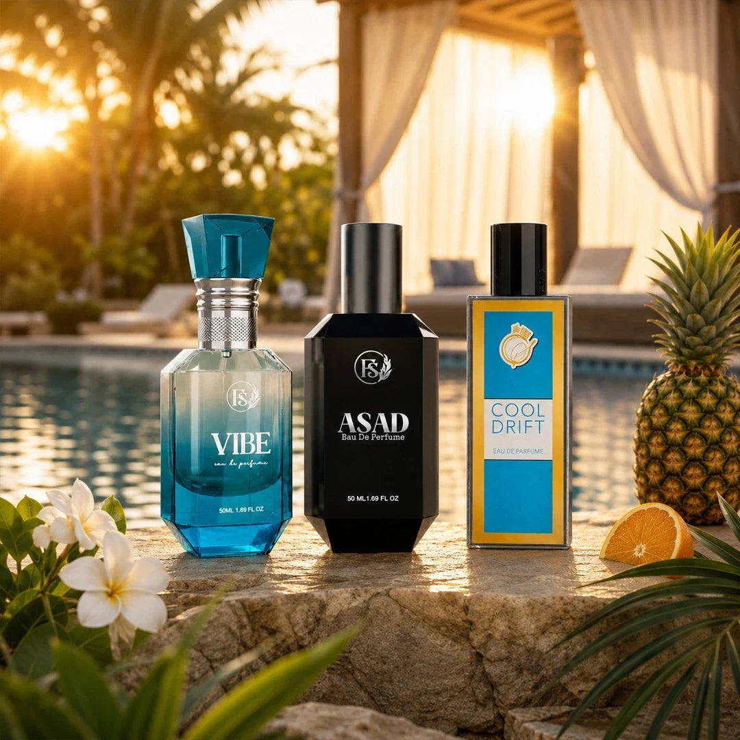Summer perfume collection featuring Vibe, Asad and Cool Drift fragrances