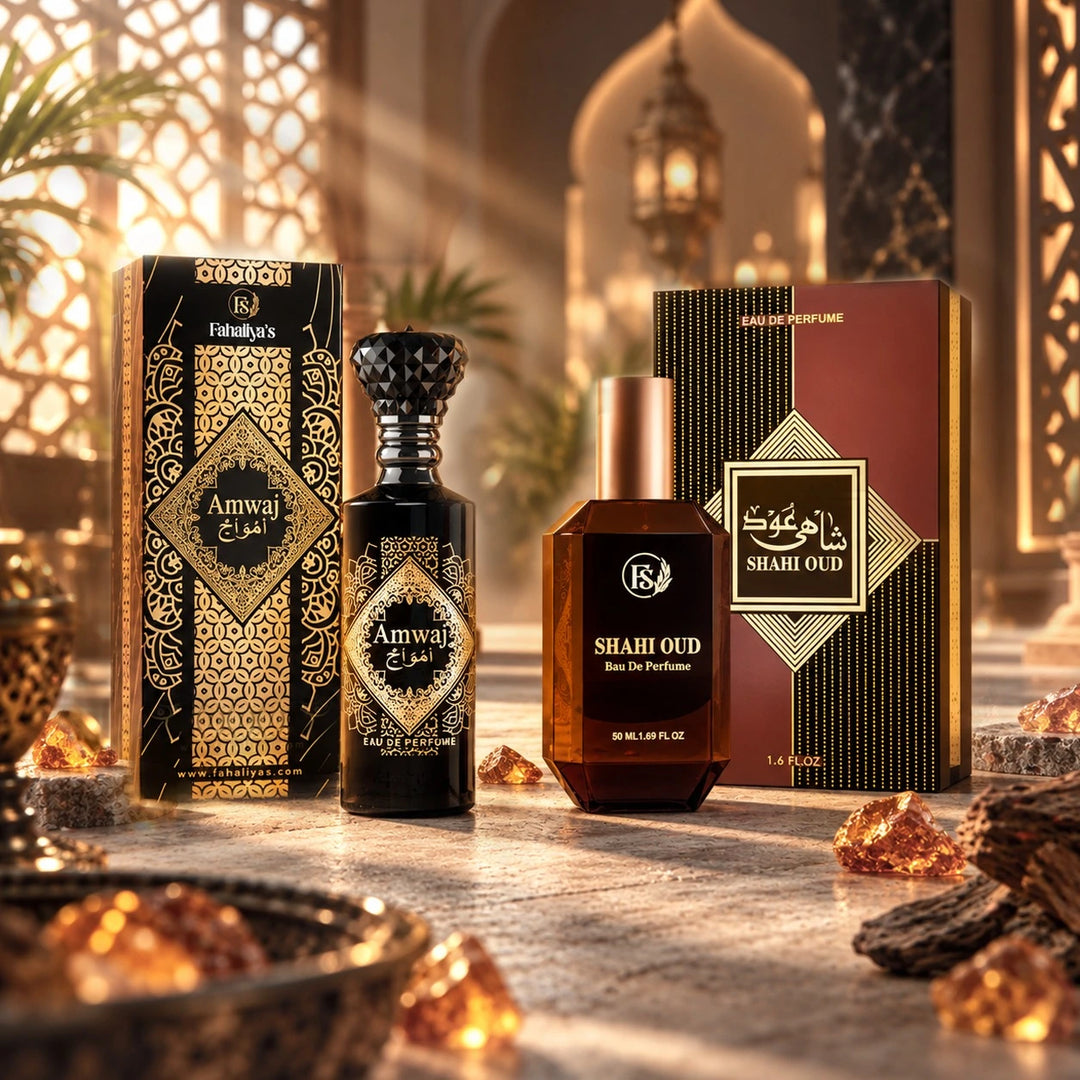 10.10 deeply masculine perfume bundle featuring Amwaj and Shahi Oud perfumes with luxury packaging