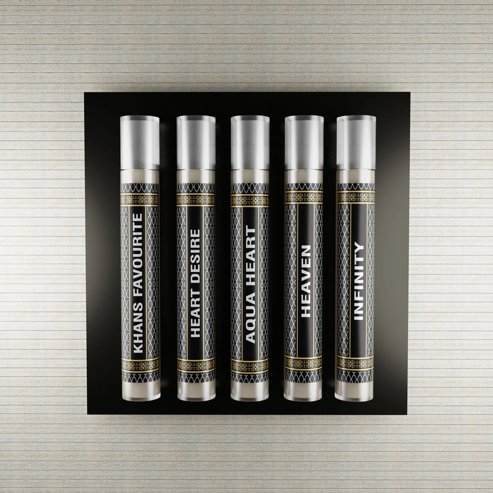 5 sample attar tester set including Khans Favourite, Heart Desire, Aqua Heart, Heaven and Infinity premium perfume oils by Fahaliya’s.