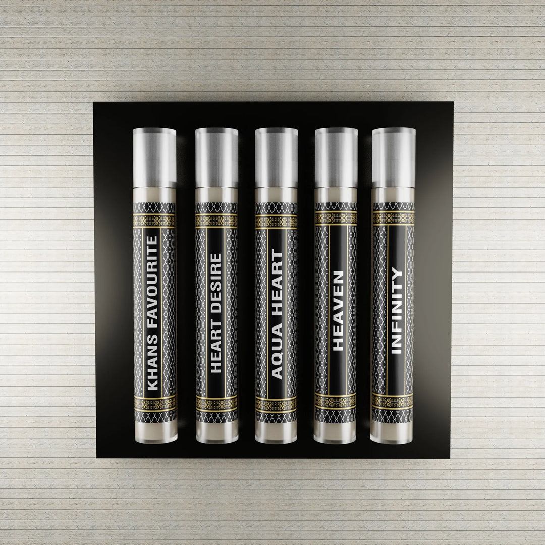 5 sample attar tester set including Khans Favourite, Heart Desire, Aqua Heart, Heaven and Infinity premium perfume oils by Fahaliya’s.