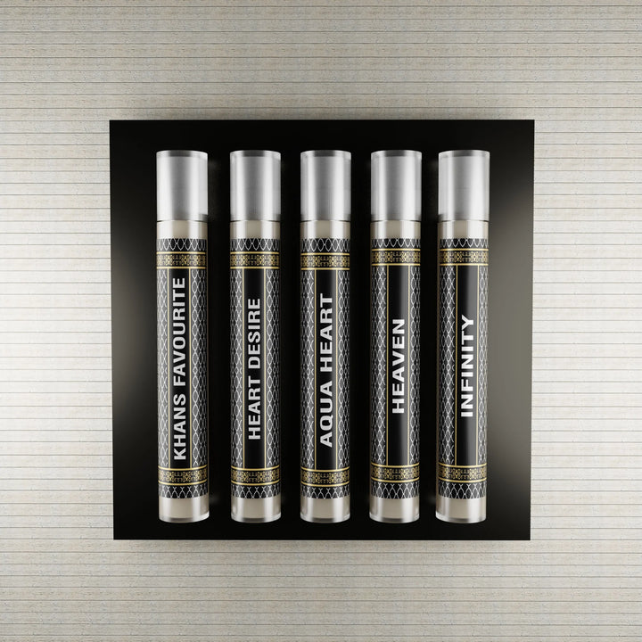 5 sample attar tester set including Khans Favourite, Heart Desire, Aqua Heart, Heaven and Infinity premium perfume oils by Fahaliya’s.