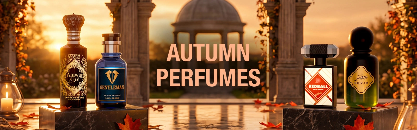 Autumn perfumes collection featuring Amwaj, Gentleman, Redball and Khizar fragrances 