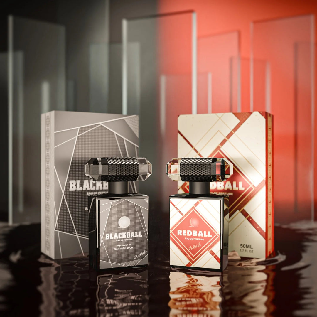 Blackball and Redball Eau De Parfum 50ml perfume bottles with luxury packaging by fahaliyas, premium long-lasting fragrances for men.