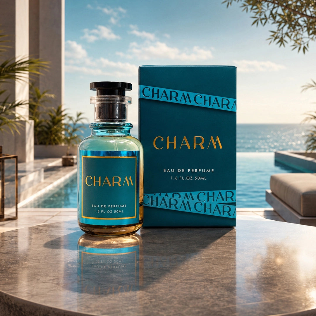 Charm Eau De Perfume 50ml in a blue glass bottle with matching premium box displayed beside a luxury poolside setting.