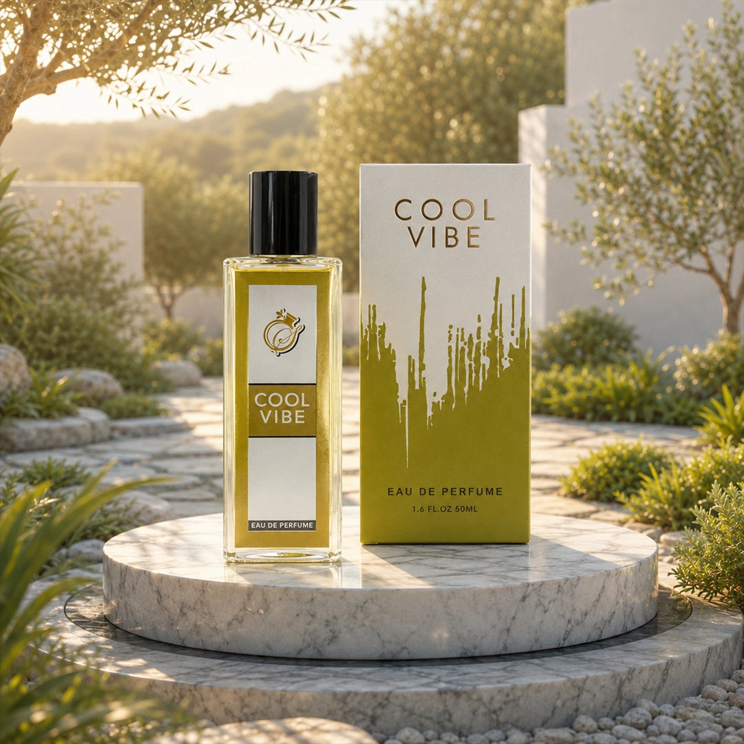 Cool Vibe Eau De Perfume 50ml in a clear glass bottle with olive green label and matching premium box displayed in a garden setting.