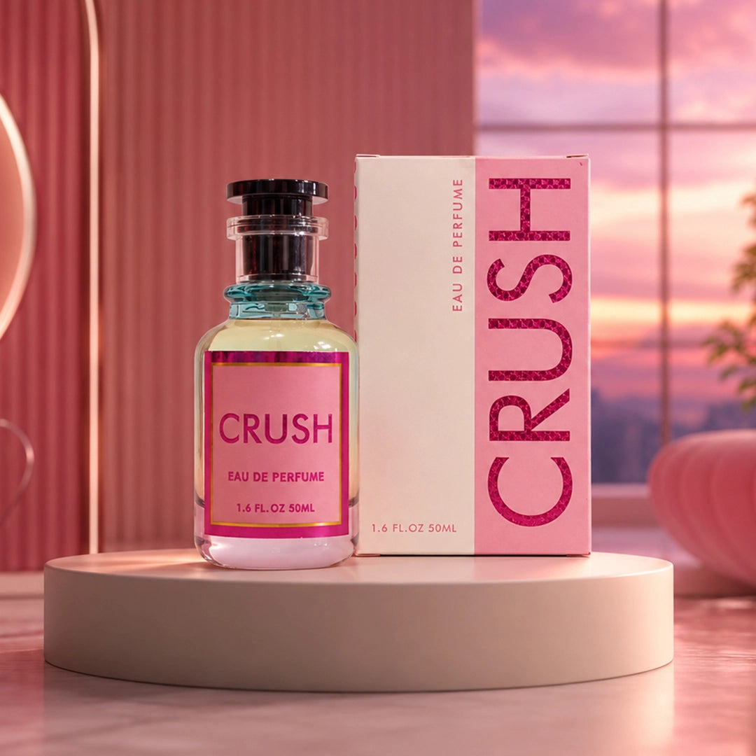 Crush Eau De Perfume 50ml in a pink glass bottle with matching white and pink premium box on a modern display.
