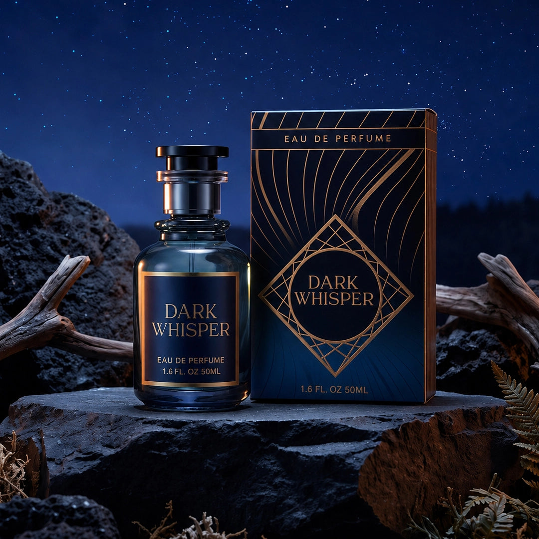 Dark Whisper Eau De Perfume 50ml in a dark glass bottle with luxury navy blue and gold packaging displayed in a nighttime setting.