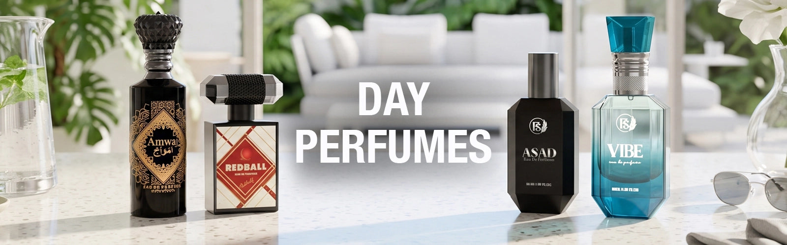 Day perfumes collection featuring Amwaj, Redball, Asad and Vibe fragrances