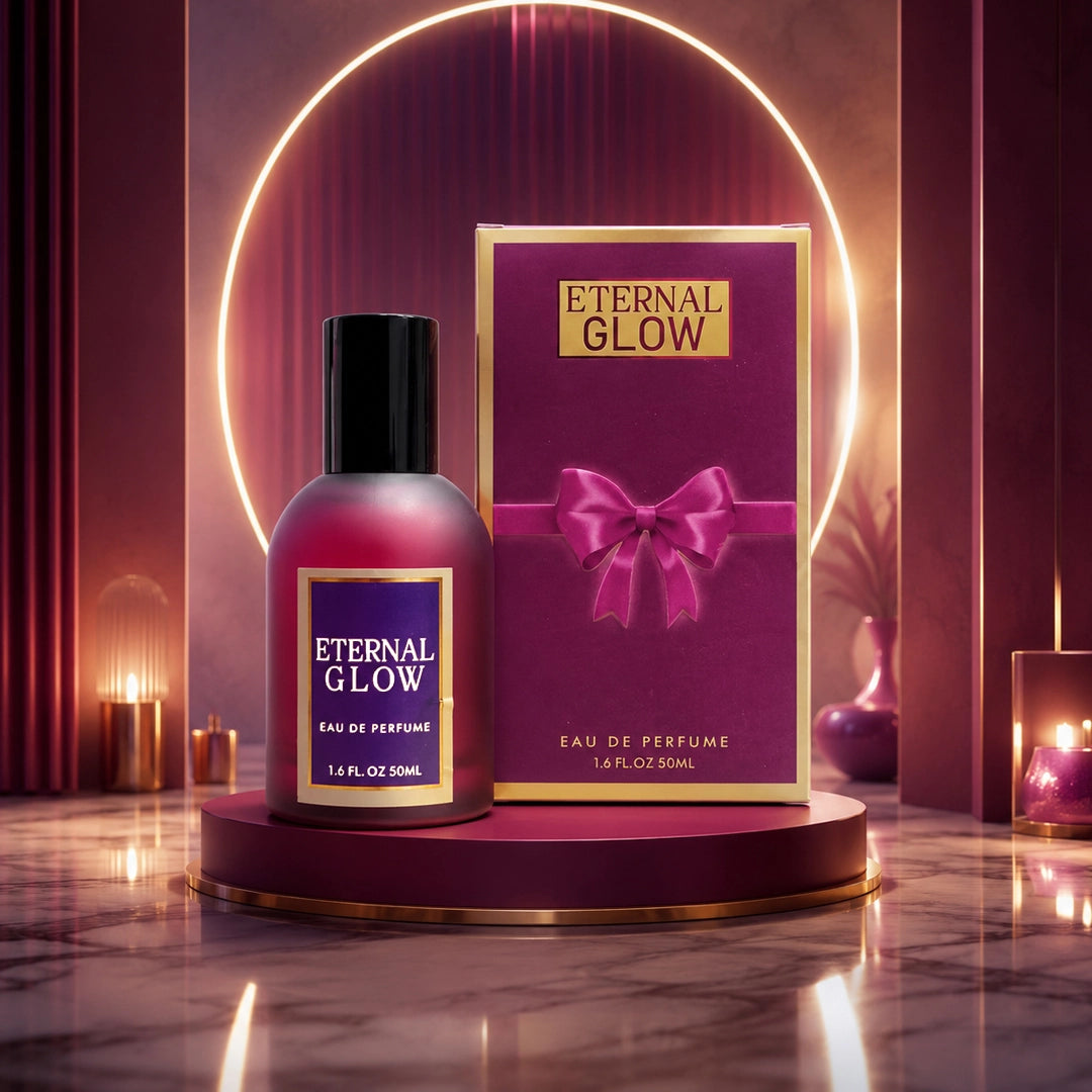 Eternal Glow Eau De Perfume 50ml in a frosted purple bottle with a luxury purple gift box featuring a decorative ribbon.