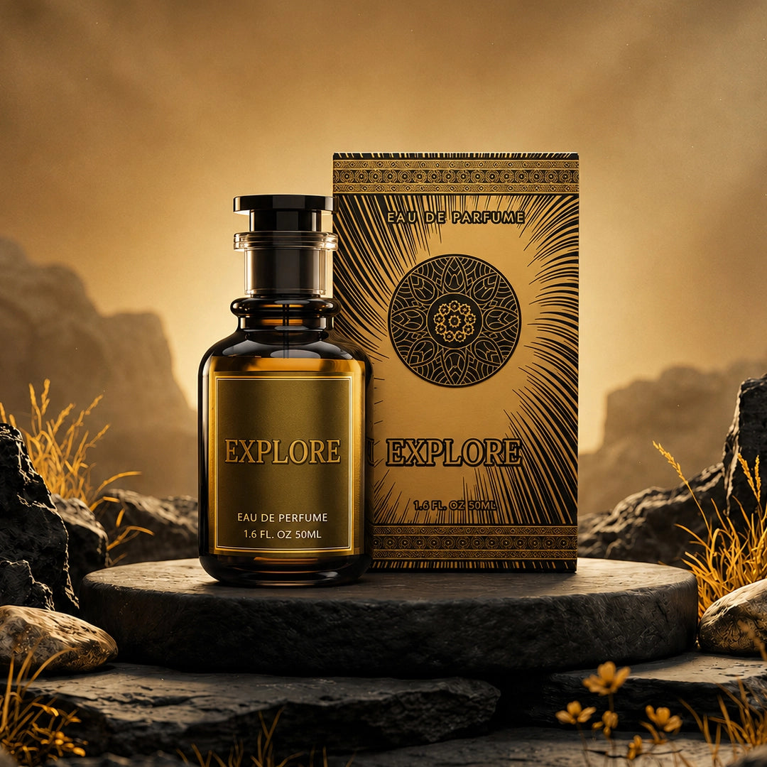 Explore Eau De Perfume 50ml in a dark amber glass bottle with luxury gold packaging displayed on a stone platform.