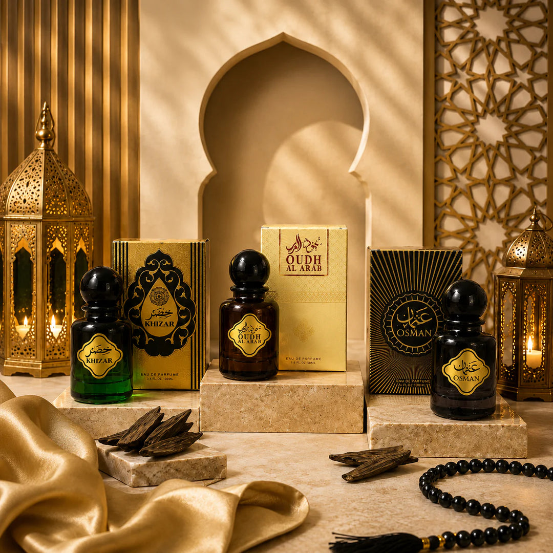 Fahaliya's Arabian perfume collection featuring Khizar, Oudh Al Arab and Osman Eau De Parfume, showcasing premium luxury fragrances with elegant presentation.