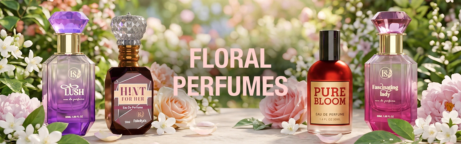 Floral perfumes collection featuring Fahaliyas fragrances