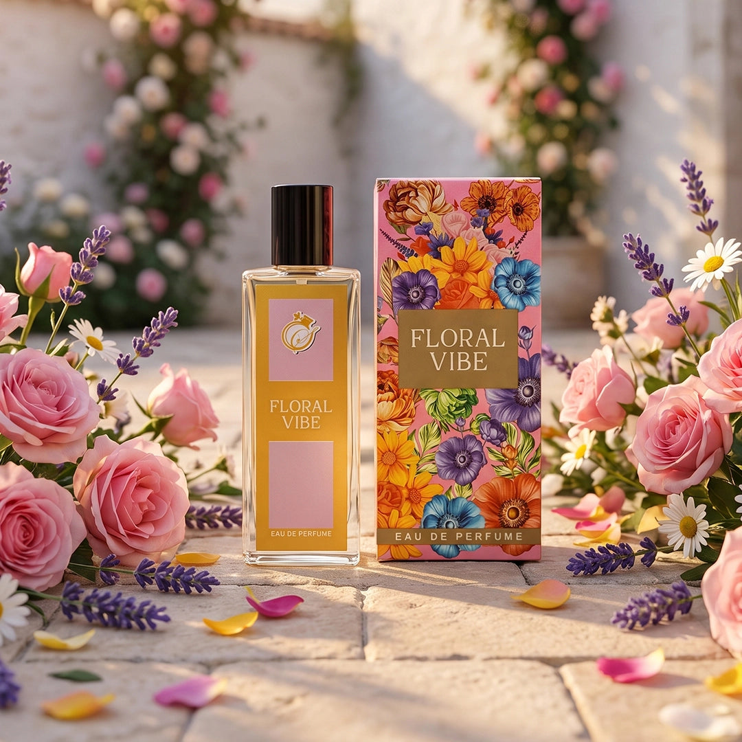 Floral Vibe Eau De Perfume 50ml in a clear glass bottle with a colorful floral gift box displayed among blooming roses and flowers.