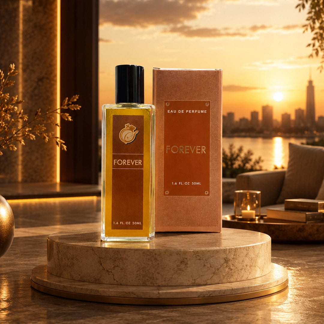Forever Eau De Perfume 50ml in a clear glass bottle with an elegant bronze gift box displayed against a luxury sunset backdrop.