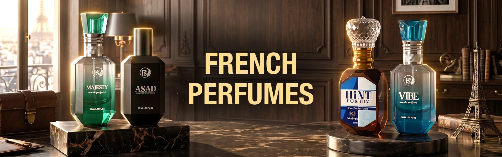 French perfumes collection by Fahaliyas featuring elegant fragrances for men 
