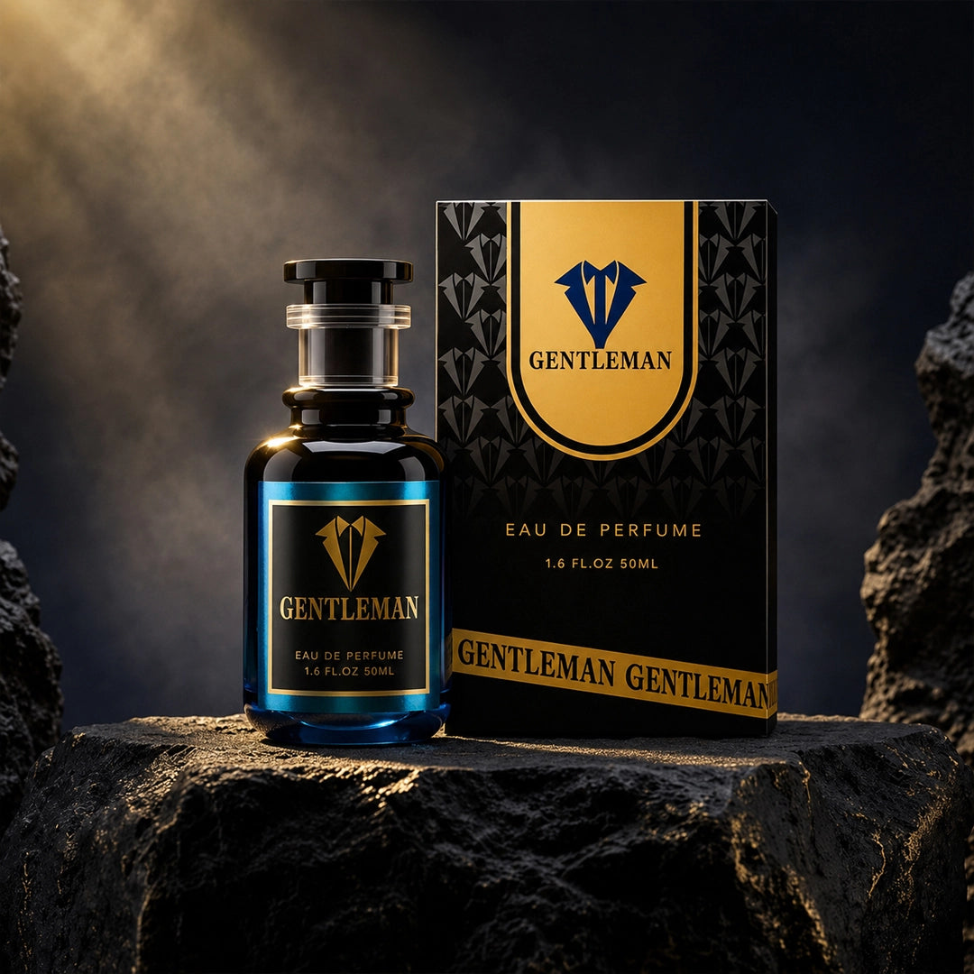 Gentleman Eau De Perfume 50ml in a dark blue glass bottle with premium black and gold packaging displayed on a stone platform.