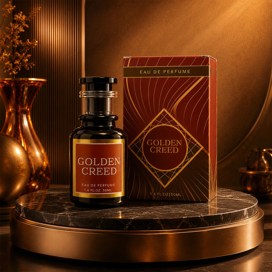 Golden Creed Eau De Perfume 50ml in a dark glass bottle with premium brown and gold packaging displayed on a luxury marble platform.