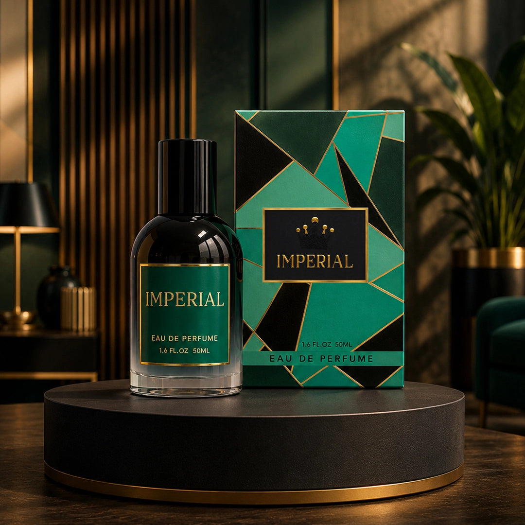 Imperial Eau De Perfume 50ml featuring a luxury black perfume bottle with an emerald green and gold label alongside premium geometric packaging, displayed on a black podium in an elegant indoor setting with warm ambient lighting.