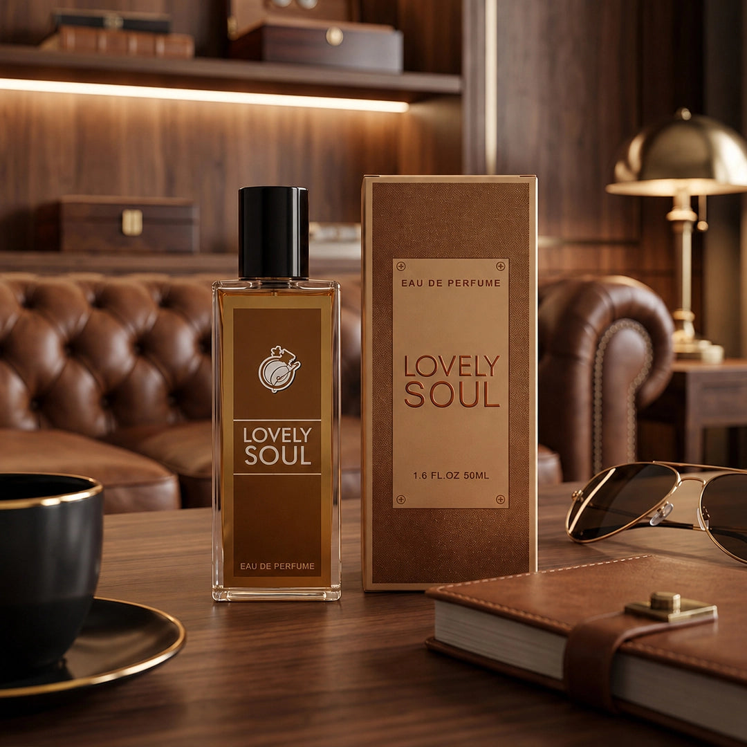 Lovely Soul Eau De Perfume 50ml in a clear glass bottle with a premium brown gift box displayed in a luxury office setting.