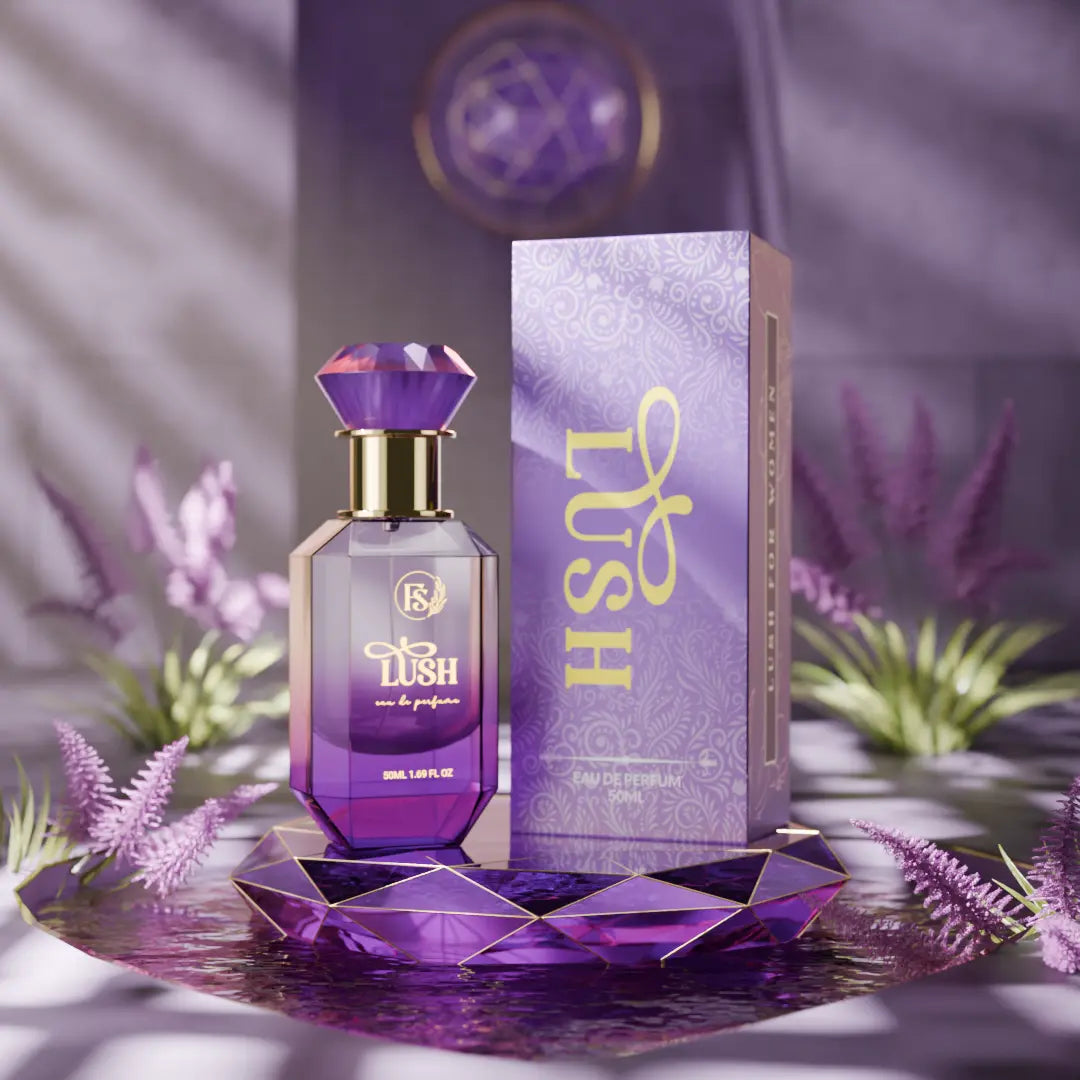 Fahaliyas Lush Eau de Parfum with elegant purple bottle and luxury packaging, a floral fragrance designed for women seeking a long-lasting perfume in Pakistan.