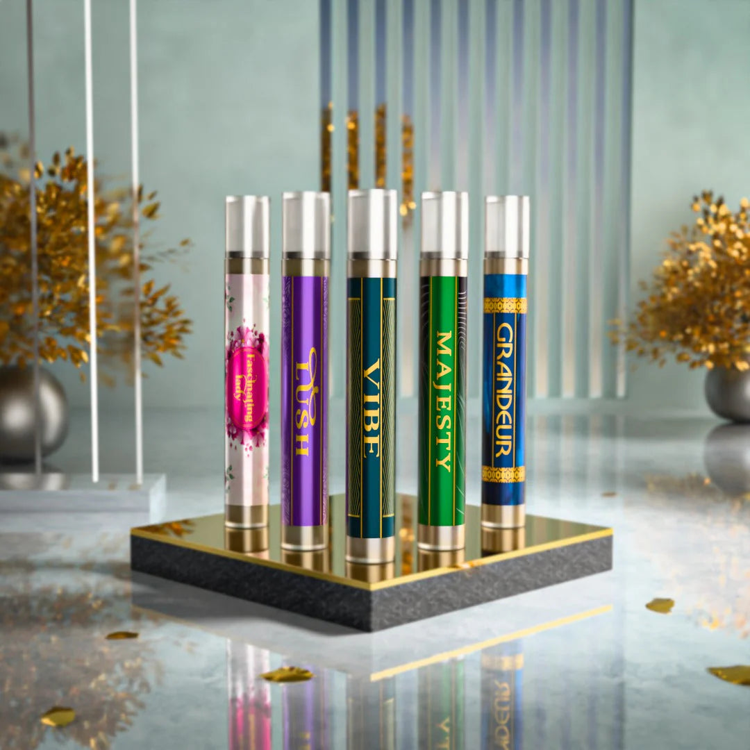 Luxury perfume sample set featuring travel-size fragrances for men and women