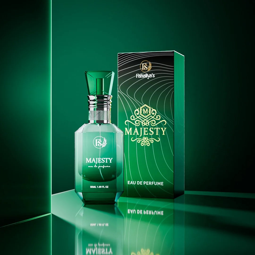 Fahaliyas Majesty Eau de Parfum with stylish green bottle and premium packaging, a fresh long-lasting fragrance for men and women in Pakistan.