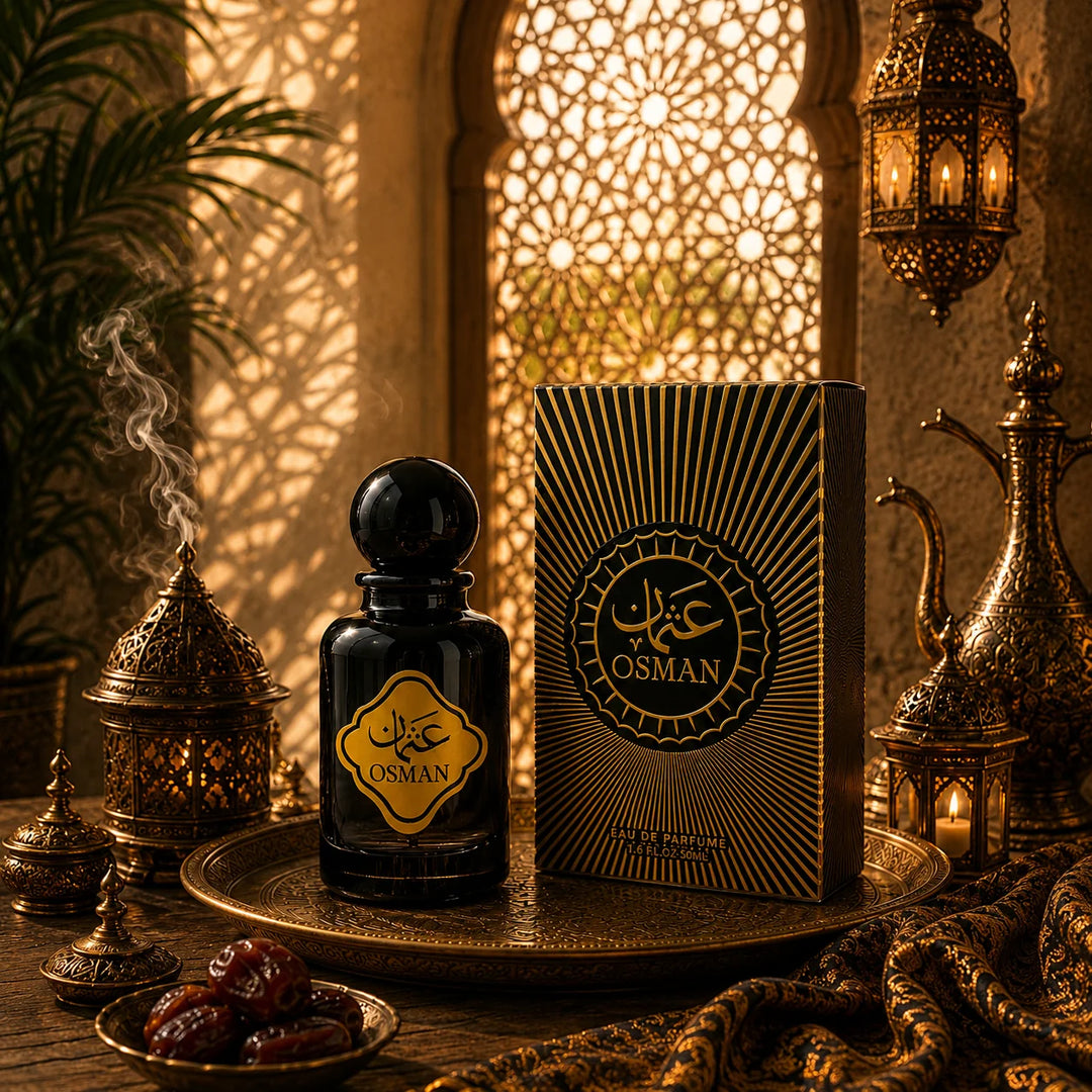 Osman Eau De Parfume by Fahaliya's, an elegant Arabian-inspired oud fragrance in a premium 50ml bottle with luxurious black and gold packaging.
