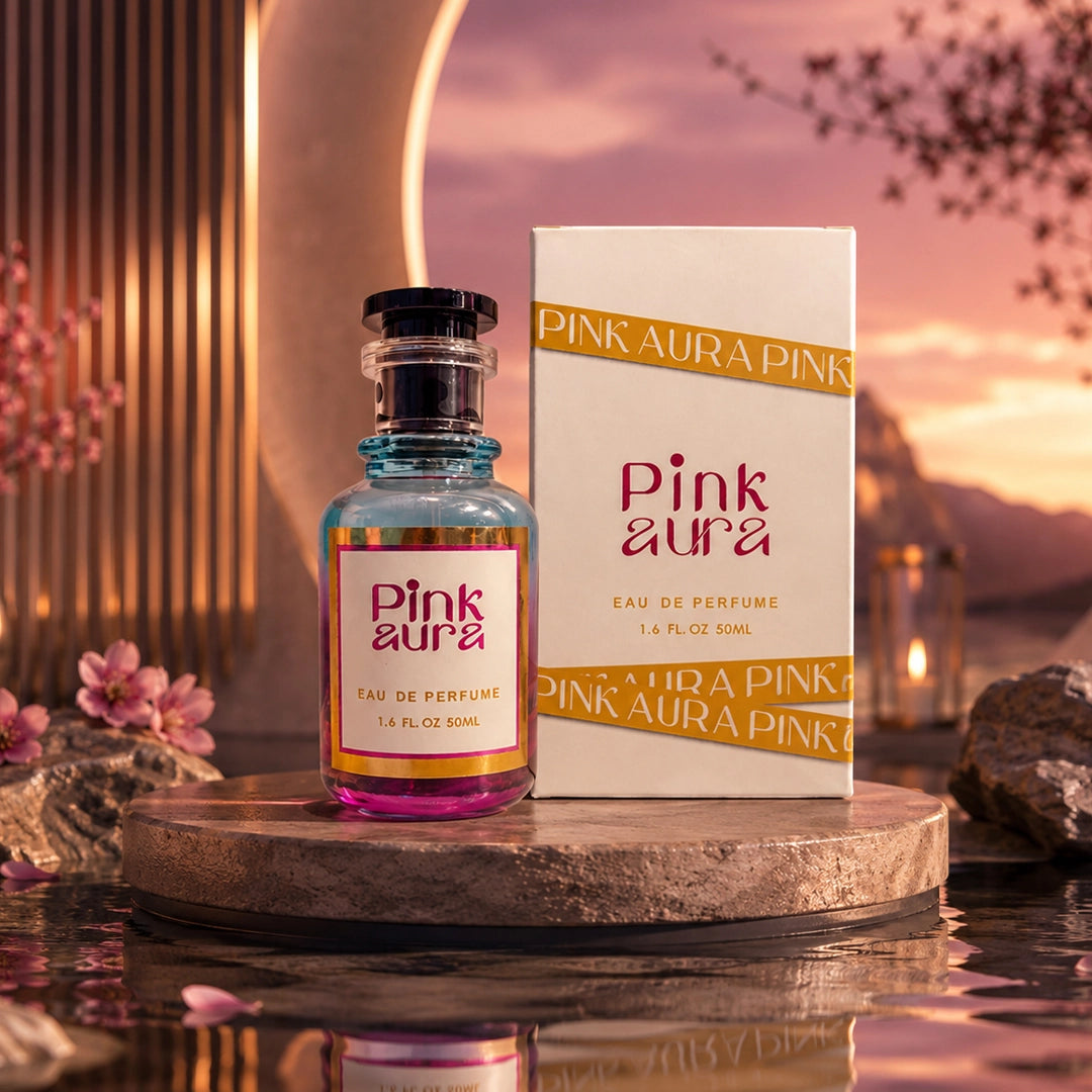 Pink Aura Eau De Perfume 50ml in a pink glass bottle with a premium white and gold gift box displayed on a luxury stone platform.