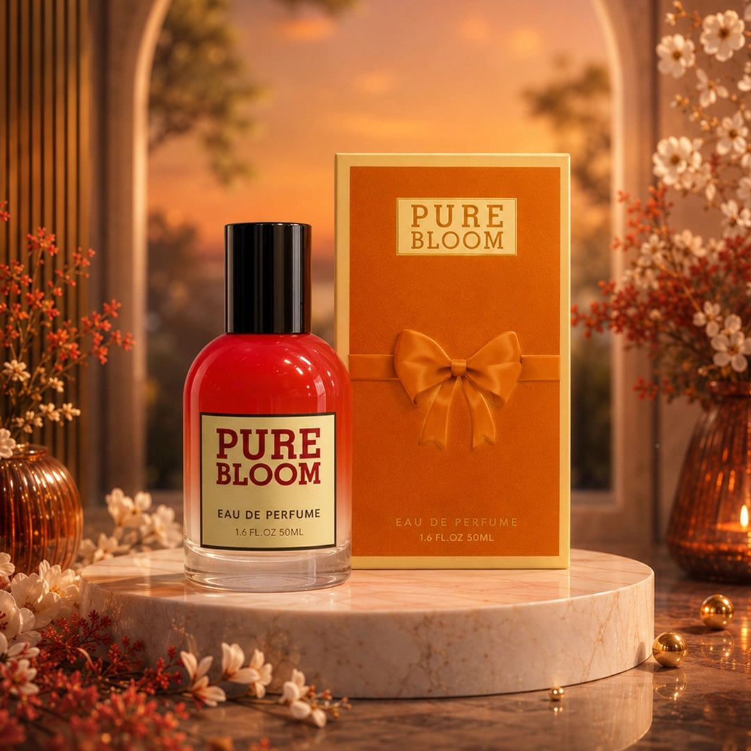 Pure Bloom Eau De Perfume 50ml featuring a glossy red perfume bottle with a black cap and an elegant orange gift-style box with a decorative bow, displayed on a marble podium in a warm floral luxury setting.
