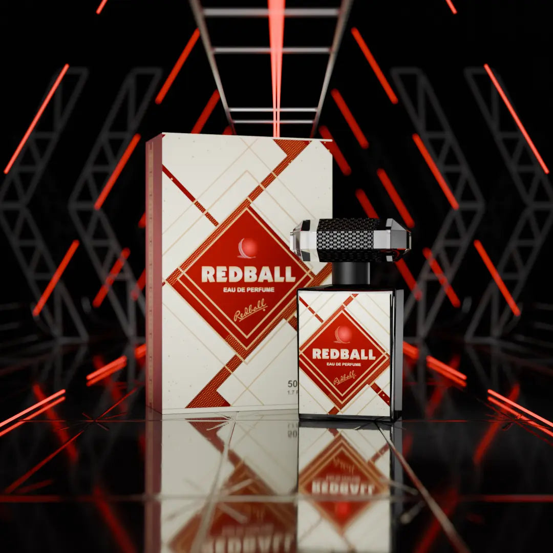 Fahaliyas Red Ball Eau de Parfum with modern luxury bottle and premium packaging, a long-lasting fragrance for everyday and special occasions in Pakistan.