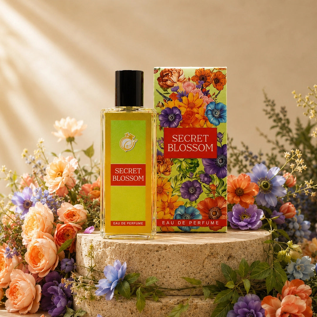 Secret Blossom Eau De Parfum displayed in a transparent rectangular glass bottle with a black cap alongside its colorful floral packaging box, presented on a stone podium surrounded by blooming flowers in natural soft light.