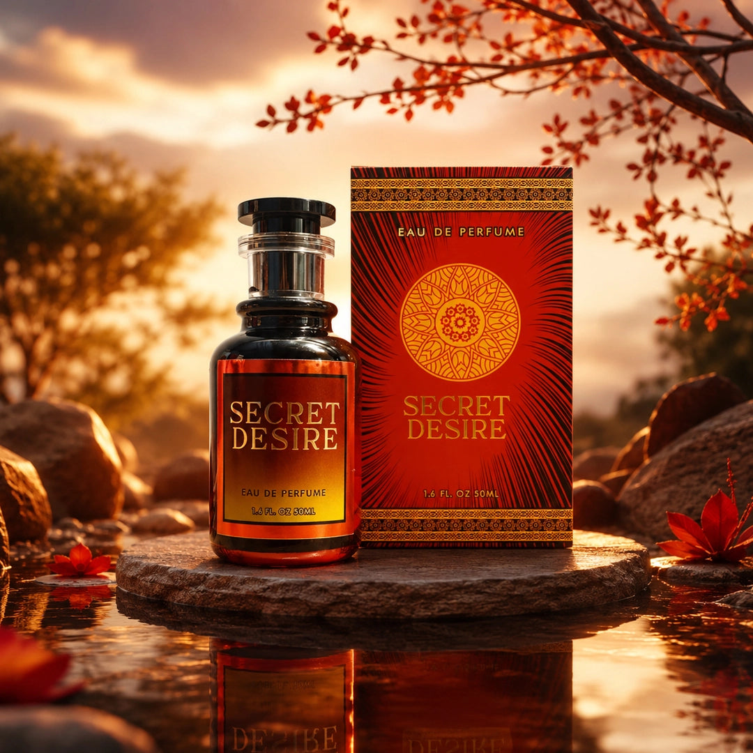 Secret Desire Eau De Perfume 50ml featuring an amber red perfume bottle with luxurious red and gold packaging, displayed on a stone podium beside reflective water in a warm sunset outdoor setting.