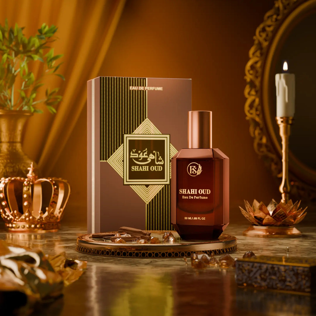 Shahi Oud Eau De Perfume by Fahaliya's featuring a luxurious oud-inspired fragrance in a 50ml bottle with elegant packaging for lovers of rich woody scents.