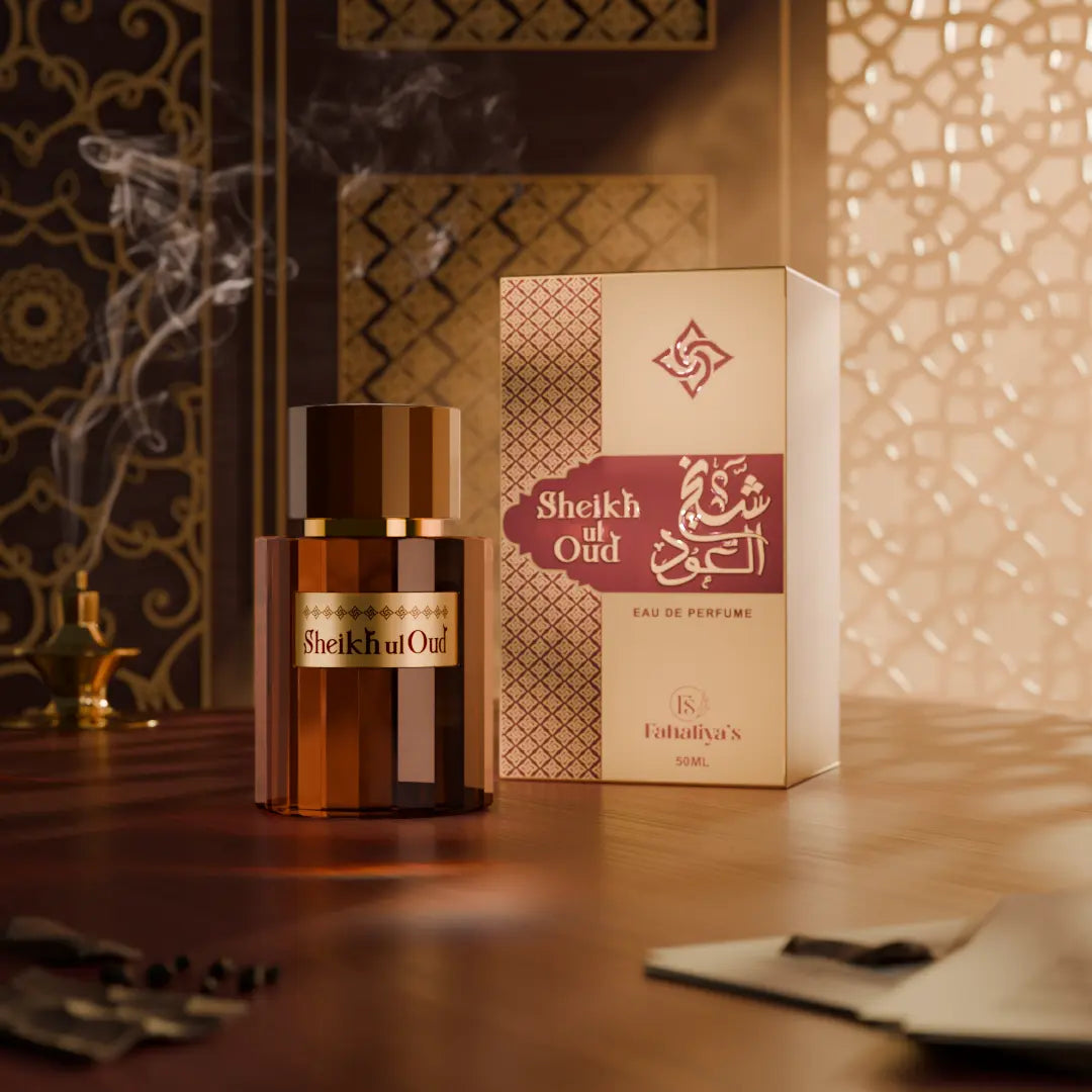 Sheikh ul Oud Eau De Parfum by Fahaliya's in a premium 50ml bottle, inspired by classic Arabian oud fragrances with a sophisticated woody aroma.
